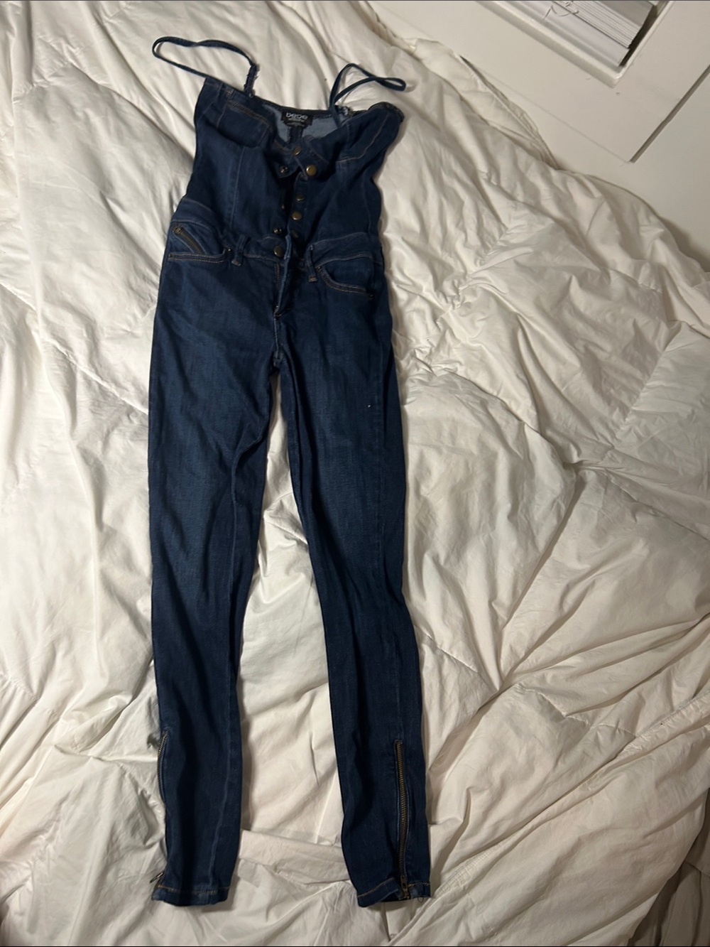 bebe Dark Indigo Slim Denim Overalls with Zipper Ankles